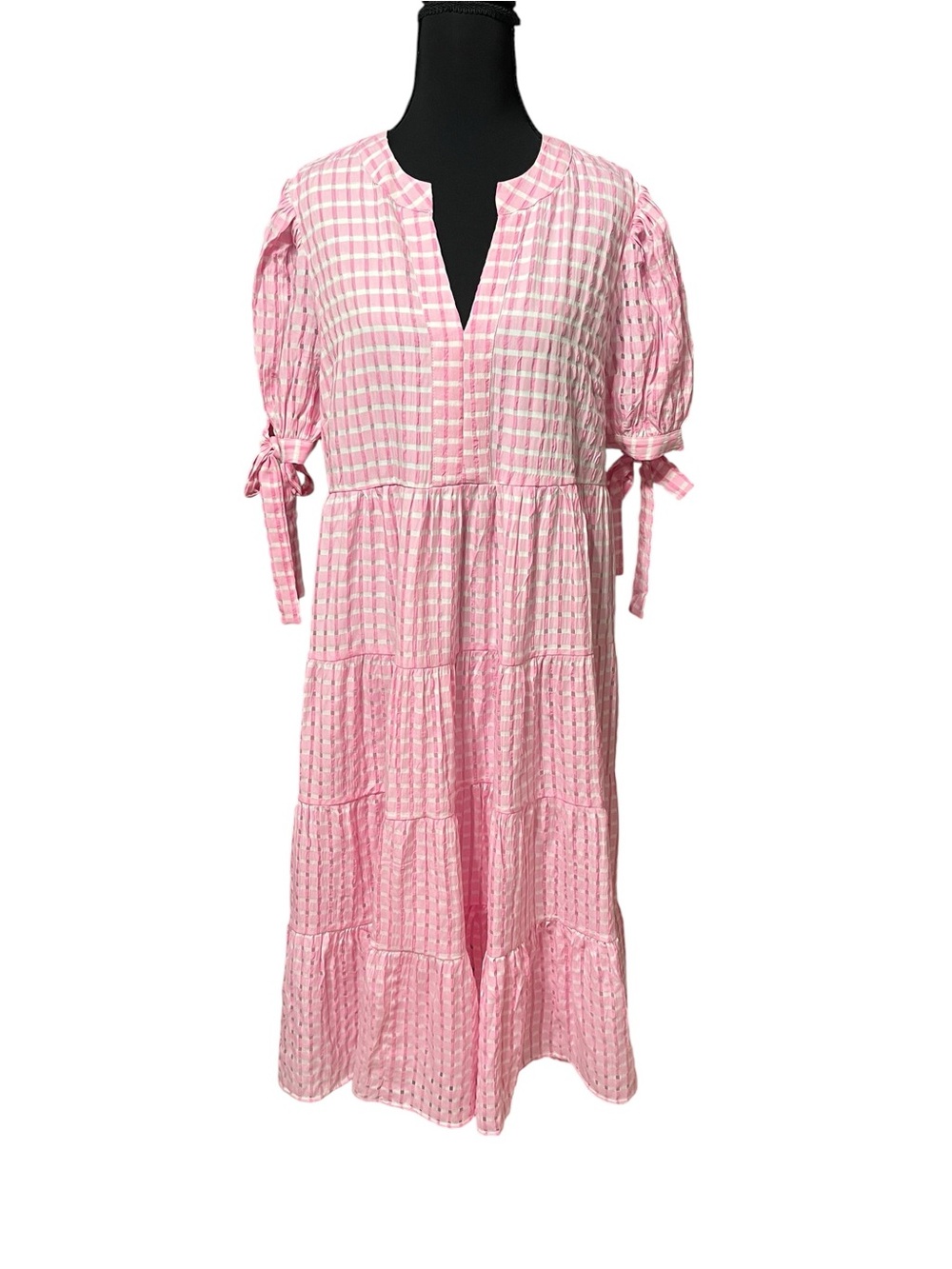 Fantastic Fawn Pink Gingham Tiered Midi Dress with Tie Sleeves Size Large - Picture 2 of 6